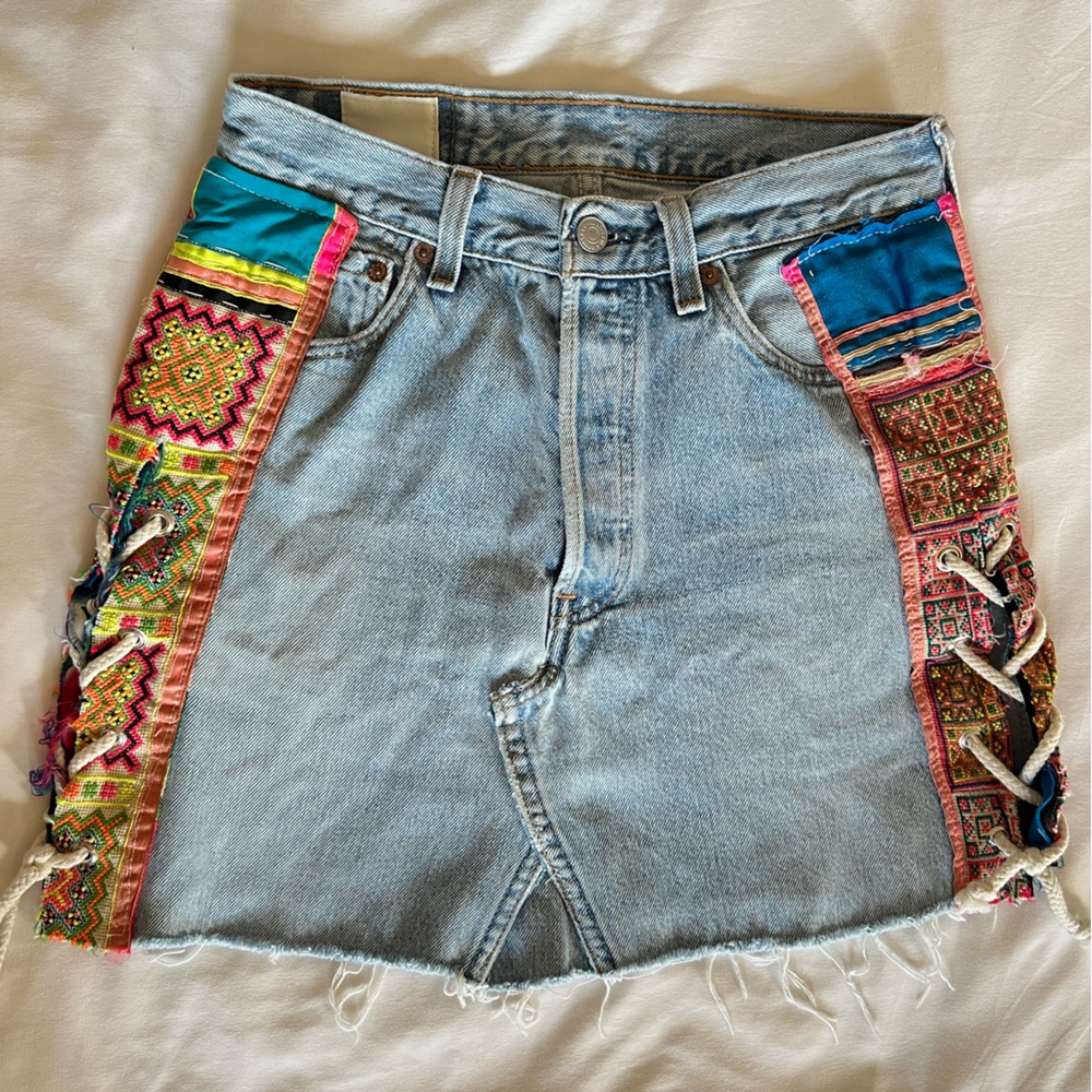 Unique Boho Levi’s Denim Embroidered Skirt
